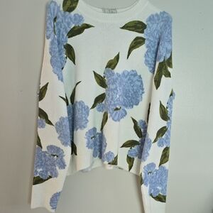 CeCe White Sweater with Blue and Green Floral Design